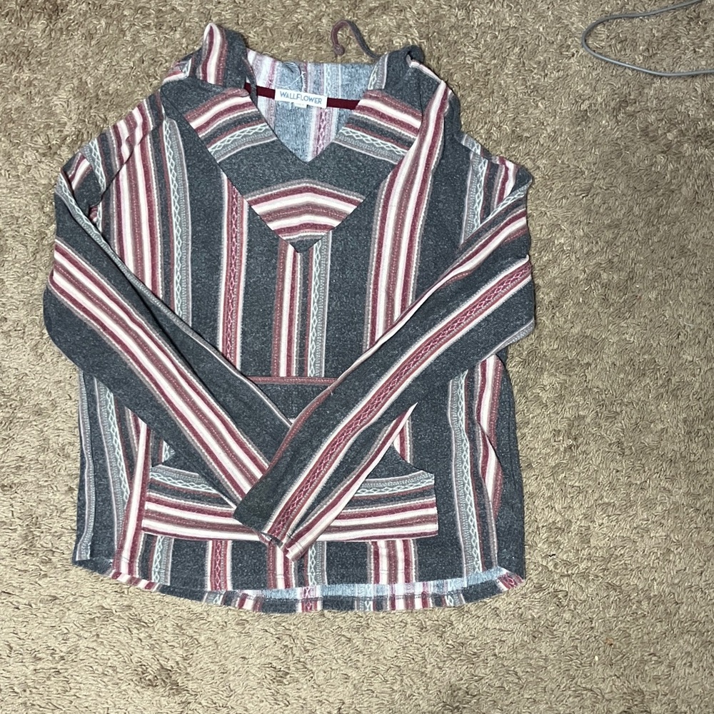 Hollister Gray and Red Striped V-Neck Sweater